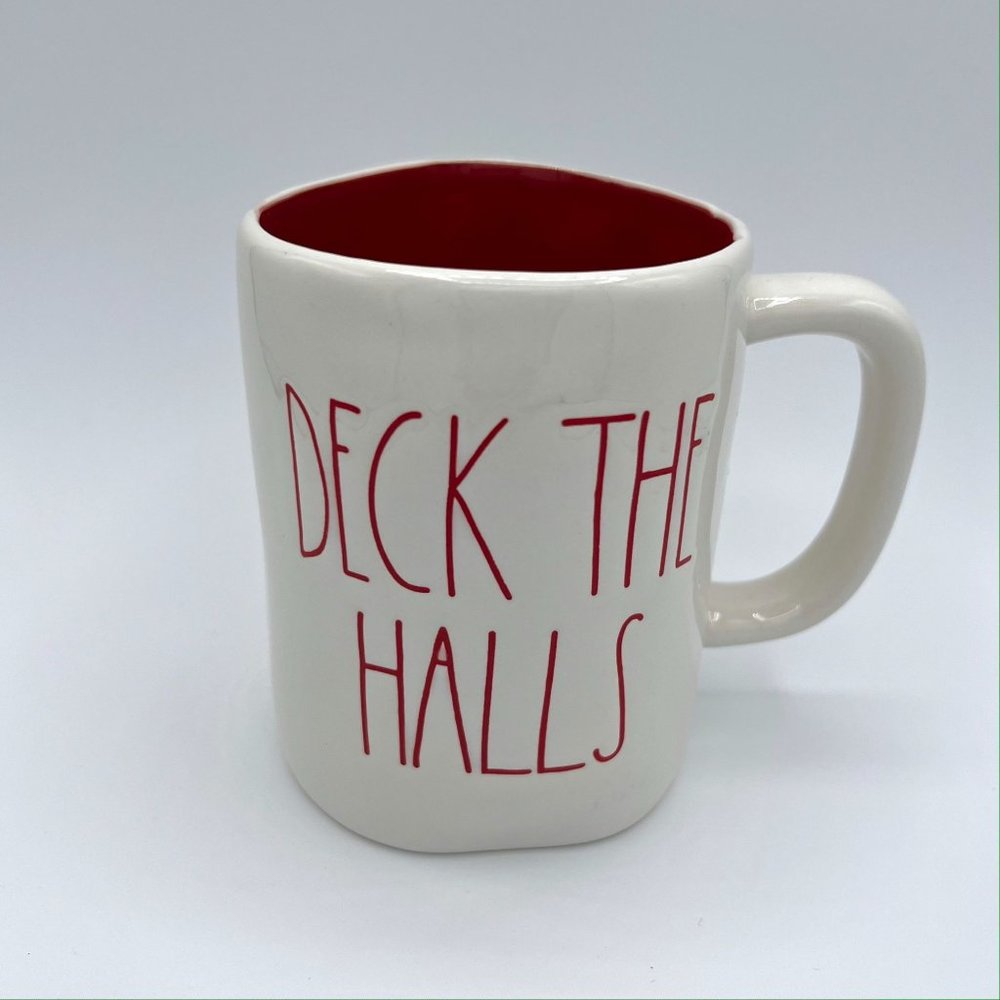 Rae Dunn Deck The Halls LL Long Letter Mug Cream White Red Christmas Coffee Tea